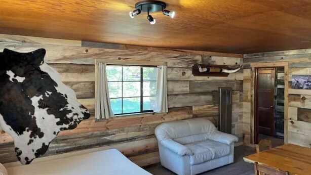 A rustic cabin interior with a wooden ceiling, a cowhide wall, a white leather sofa, a small table, and a window with curtains.