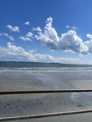 Ein Strand mit blauem Himmel und Wellen.
