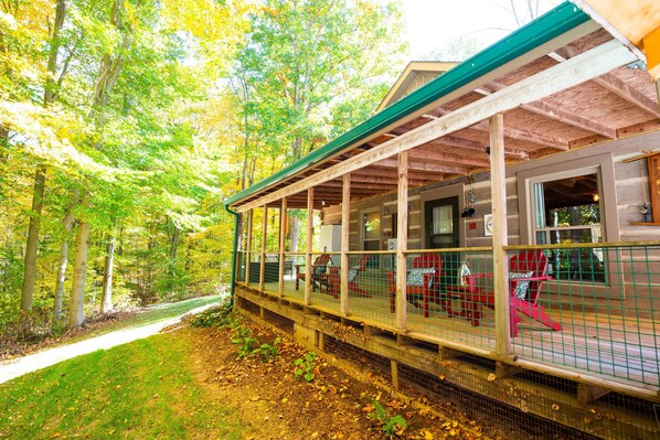 A cabin with a covered porch, surrounded by trees. - Updated pet friendly, close to Nashville! (Nashville)