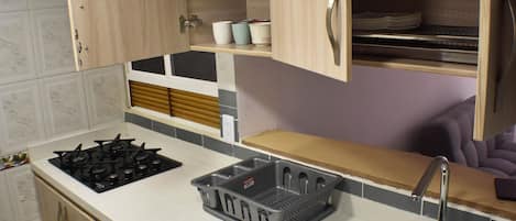 Fridge, microwave, stovetop, cookware/dishes/utensils