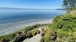 A coastal landscape with a pebble beach, lush greenery, and a clear view of the sea. - Points West Oceanfront Rooftop suite (Sooke)