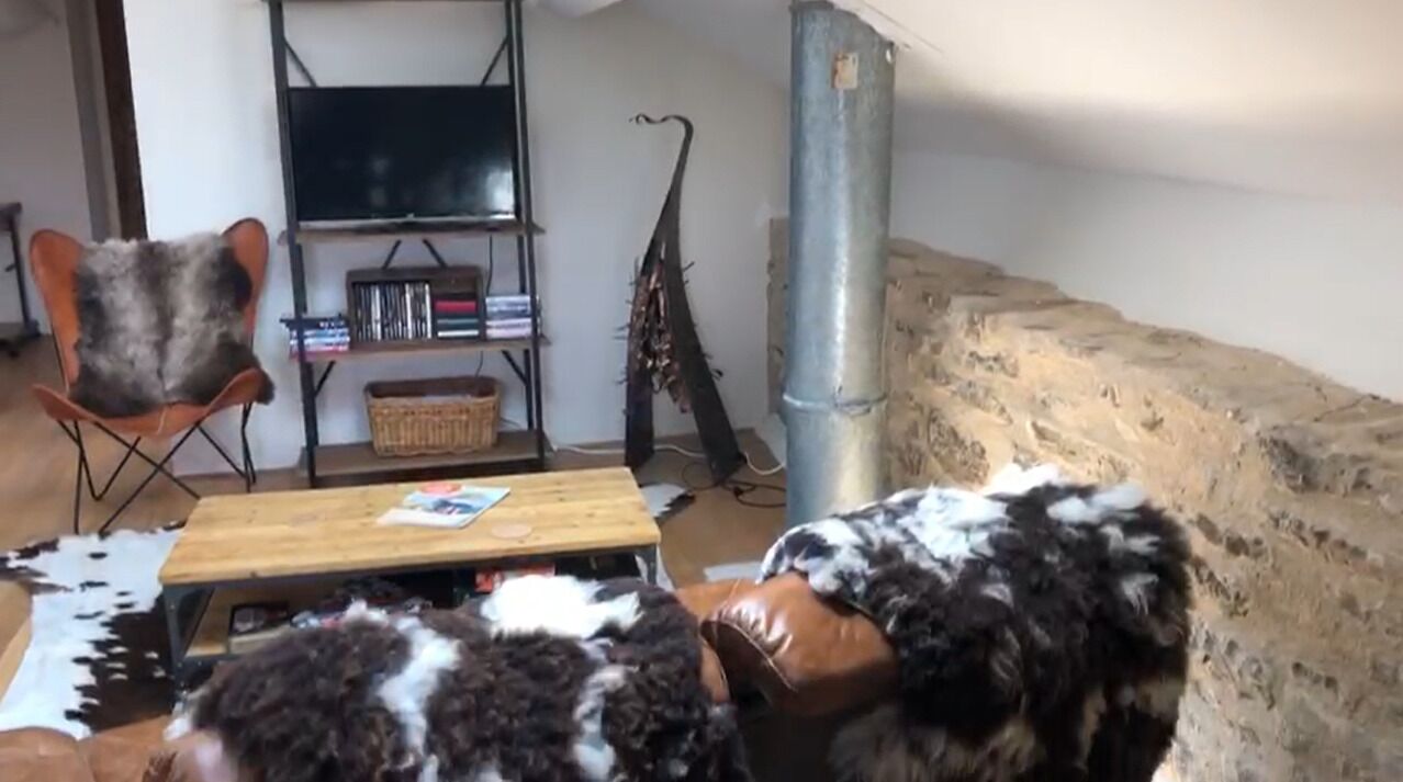 Un soggiorno rustico con un tavolino in legno, un divano in pelle e una televisione su uno scaffale.