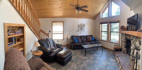 Smart TV, fireplace, books