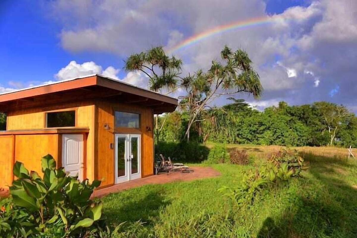 A wooden house with a glass door and windows, surrounded by lush greenery and a visible rainbow.