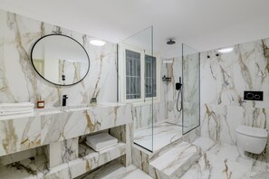 Shower, hair dryer, soap, shampoo