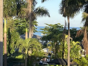 Un complexe hôtelier tropical doté de palmiers, d’une piscine et offrant une vue sur l’océan.