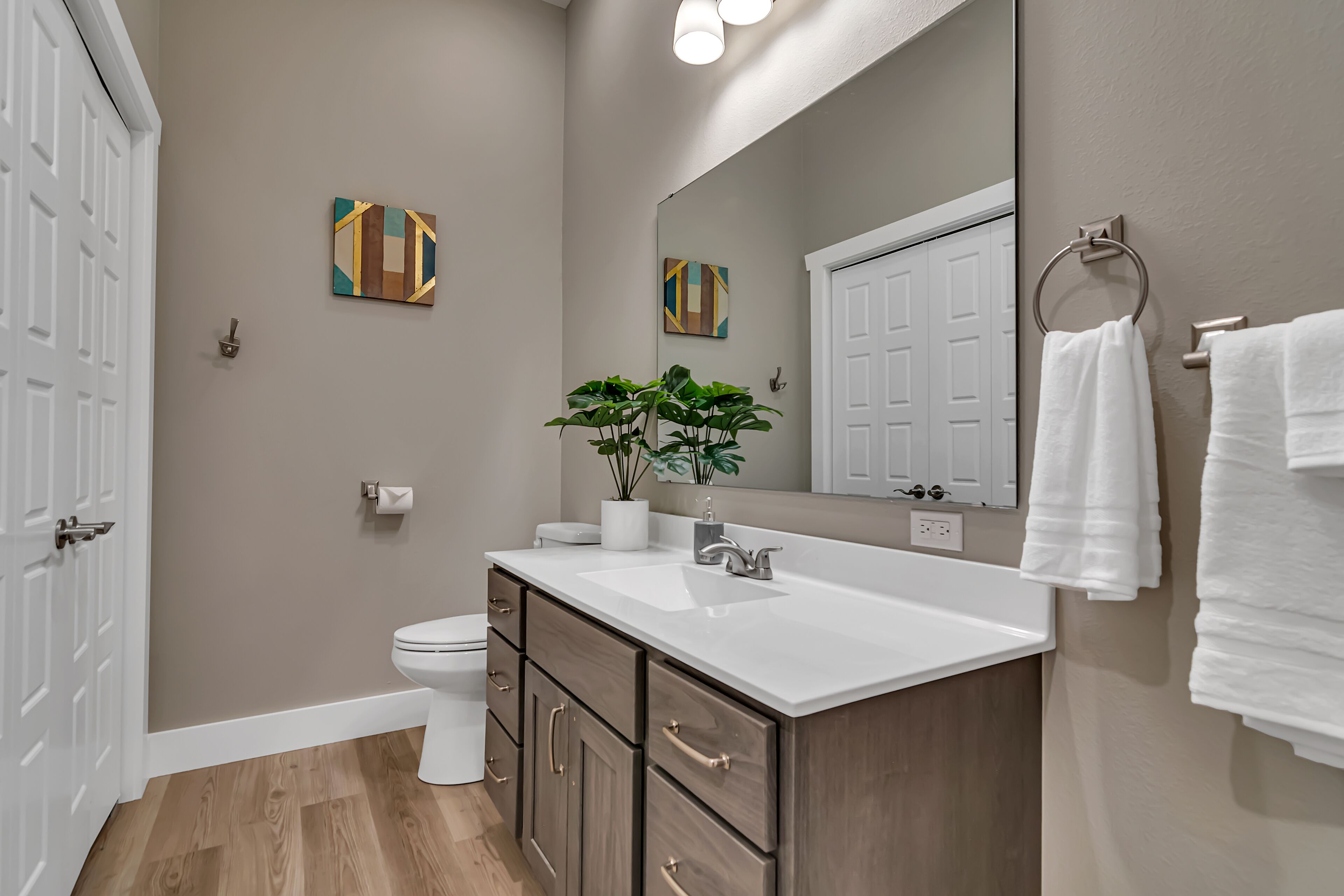 A modern bathroom with a wooden vanity, white sink, and a large mirror. There are two wall-mounted towel rings and a potted plant on the vanity.