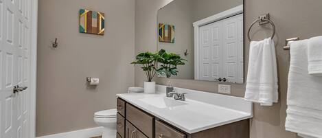 A modern bathroom with a wooden vanity, white sink, and a large mirror. There are two wall-mounted towel rings and a potted plant on the vanity.