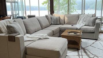 Smart TV, fireplace, books