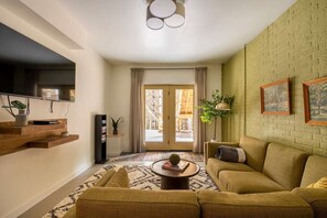 Smart TV, fireplace, DVD player, books