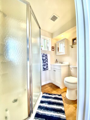 Shower, hair dryer, towels, soap