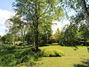 Escape to a serene natural oasis with a lawn and walking path through the trees.