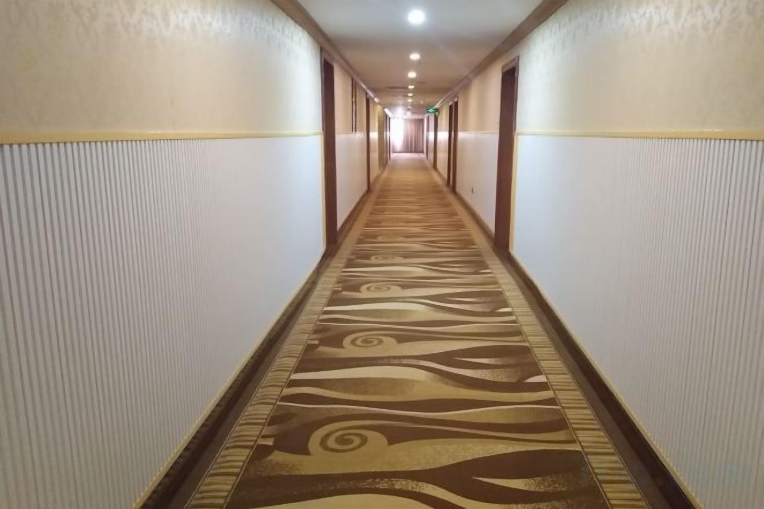 A long, narrow hotel corridor with patterned carpet and walls.