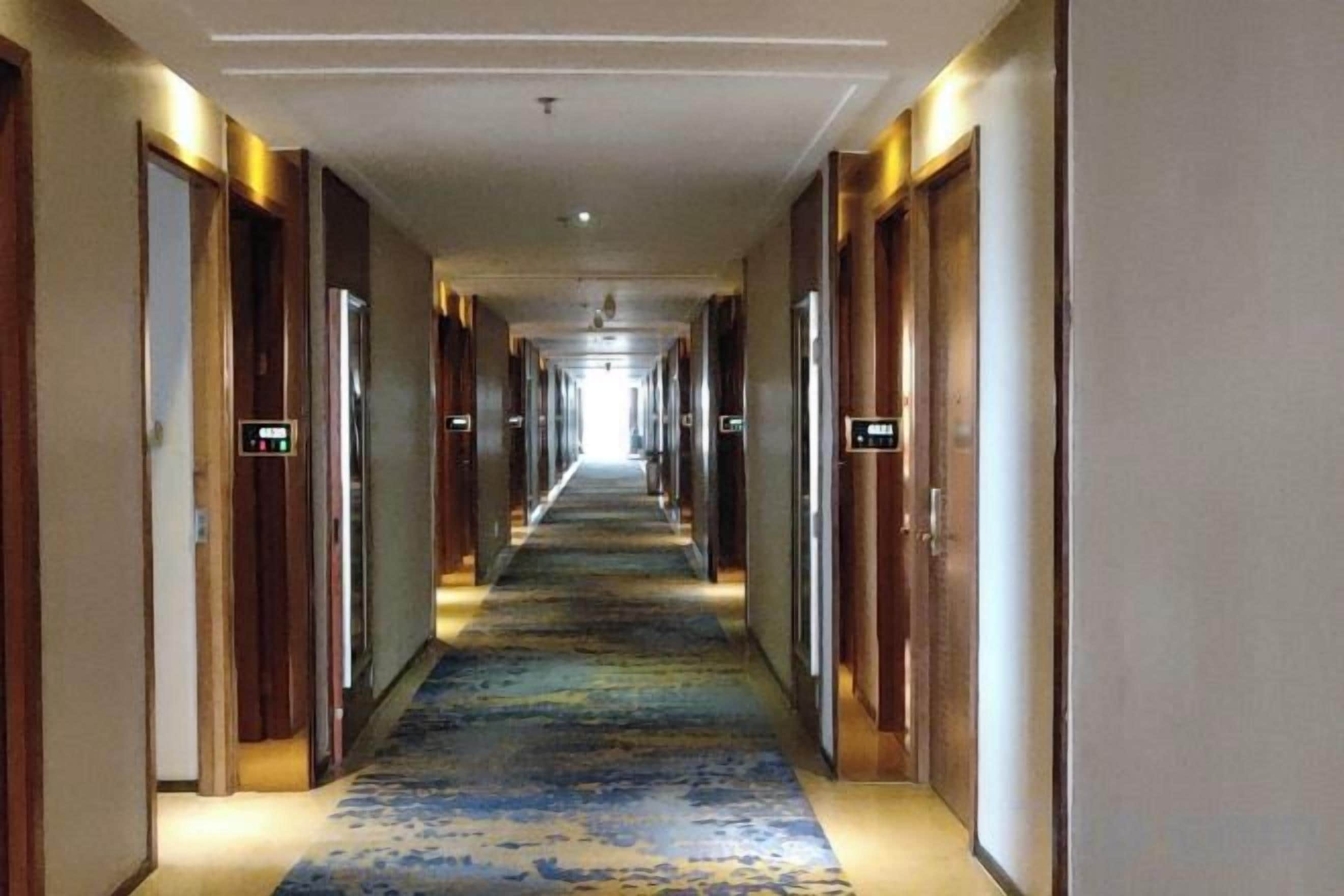 A hotel hallway with doors on both sides, carpeted floor, and a light fixture on the ceiling.