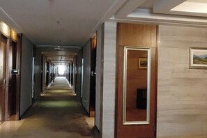 A hotel corridor with doors on both sides, a carpeted floor, and a framed picture on the wall.