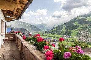 A wooden balcony with a view of a valley, a small table, and potted flowers. - Apartment 'Dornauer Sommer' with Mountain View, Balcony & Wi-Fi (Hippach)