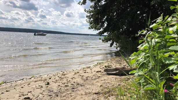 A sandy beach with a boat in the water, a tree line, and some vegetation. - Apartment Krakow am See with Terrace & Wi-Fi (Krakow am See)