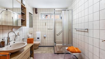 Ein Badezimmer mit Waschbecken, Spiegel, Dusche und Toilette.