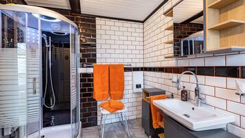 Shower, hair dryer, towels