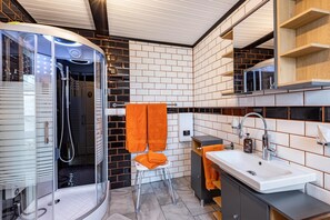 Shower, hair dryer, towels