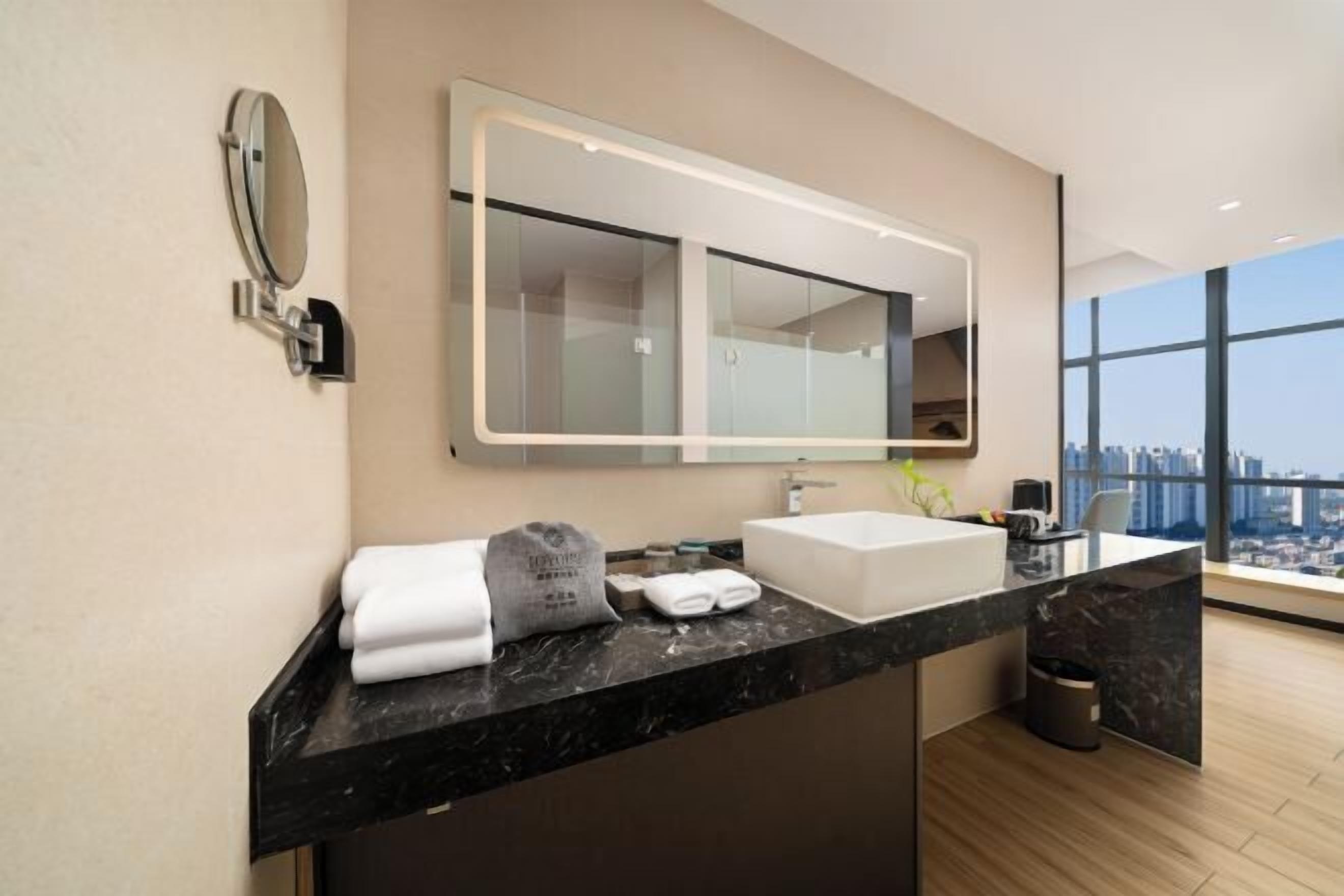 A modern bathroom with a large mirror, two sinks, and a view of the city.