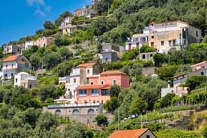 Un quartier résidentiel situé sur une colline, avec des maisons, dont certaines sont dotées de balcons, et entouré d’arbres et de végétation.