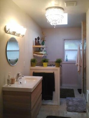 Bathtub, hair dryer, towels, soap