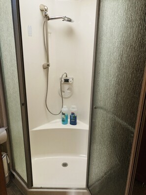 Shower, towels, soap, shampoo