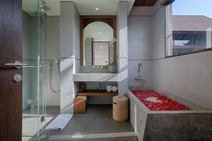 Three Bedroom Private Pool Villa | Bathroom | Separate bathtub and shower, deep-soaking bathtub, rainfall showerhead