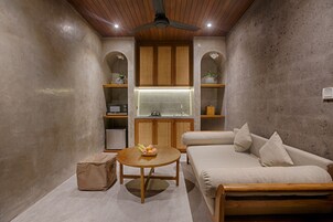 One Bedroom Private Pool Villa | Private kitchen | Fridge, microwave, stovetop, cookware/dishes/utensils