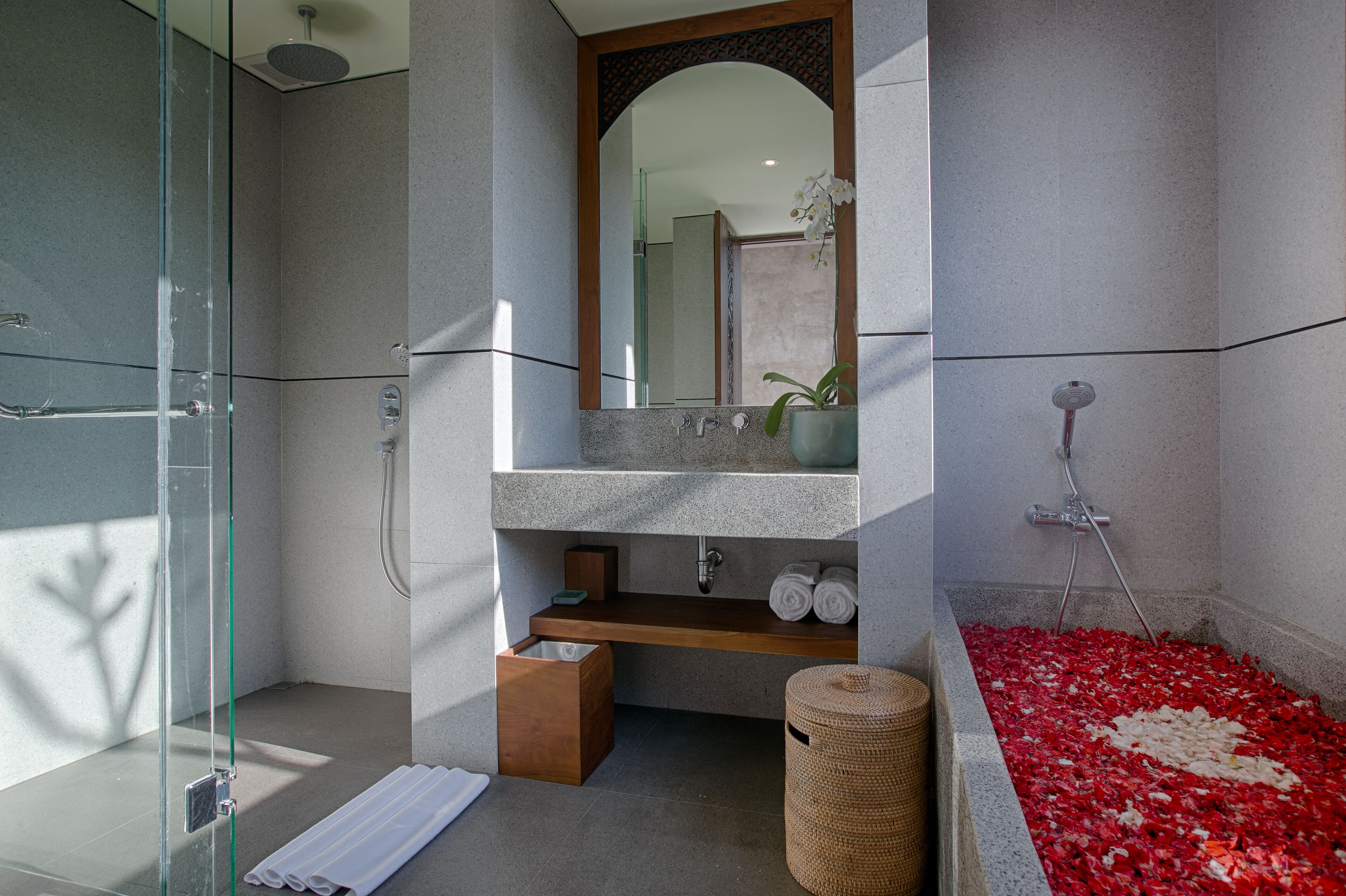 Une salle de bain moderne avec une douche à l’italienne en verre, un lavabo intégré avec un miroir et une baignoire remplie de pétales de roses.