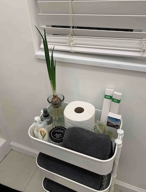 Douche, sĂšche-cheveux, serviettes fournies, savon