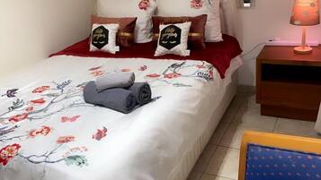2 bedrooms, desk, laptop workspace, iron/ironing board