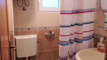 Shower, towels, soap, toilet paper