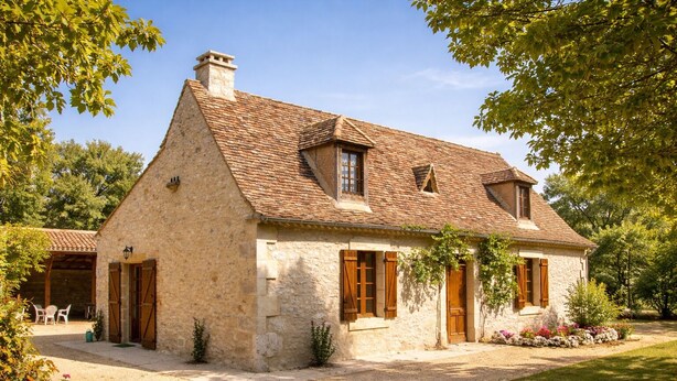 A stone house with a tiled roof, wooden shutters, and a covered patio area. - Quiet Périgord home with jacuzzi & WiFi - 12p (Dordogne)