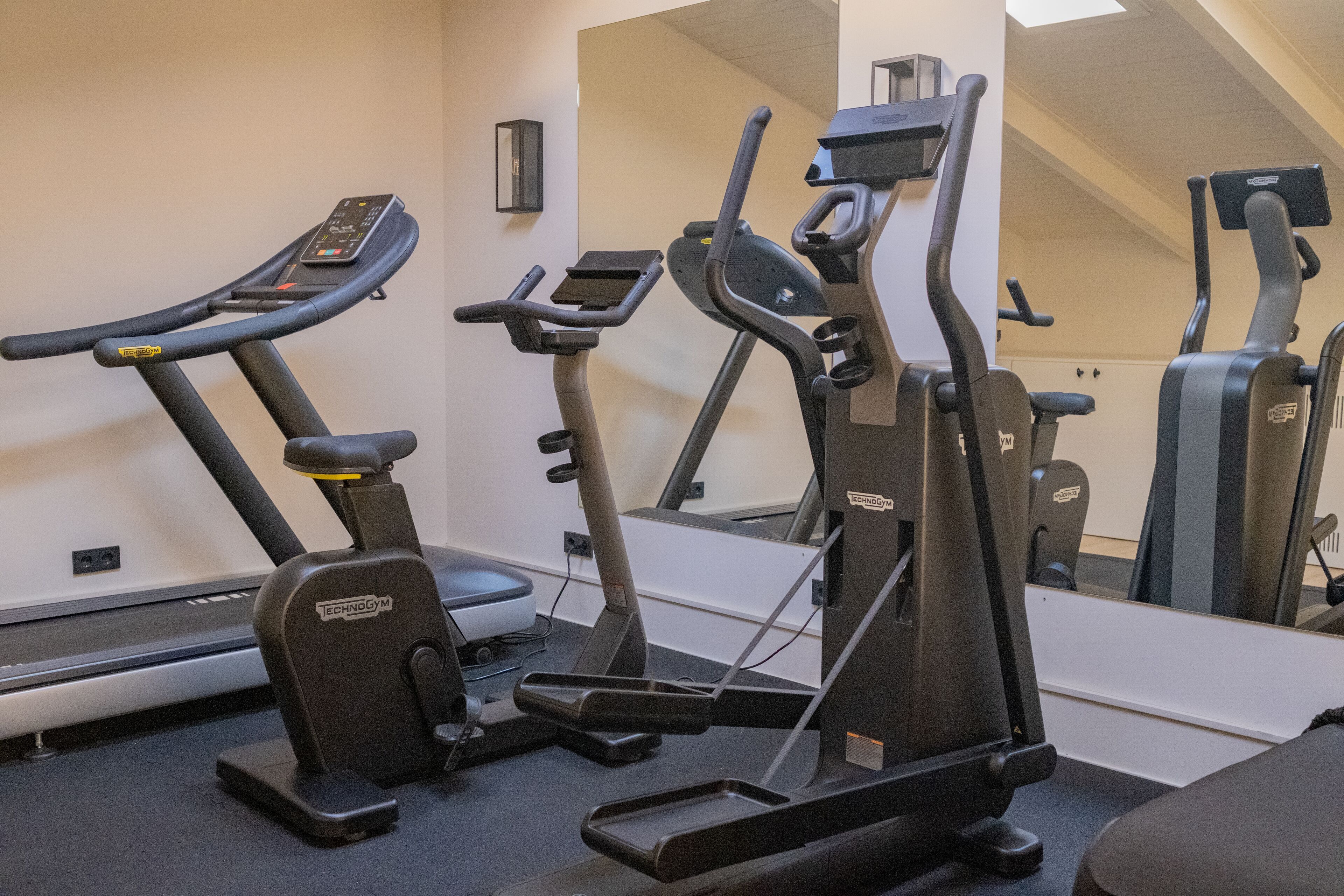 A gym with cardio machines, a mirror, and a treadmill.