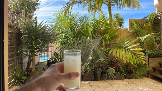 Eine Hand hält ein Getränk, im Hintergrund ein Pool und verschiedene tropische Pflanzen in einem Innenhof.