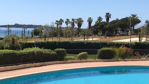 Ein Schwimmbecken mit Blick auf das Meer und Palmen.