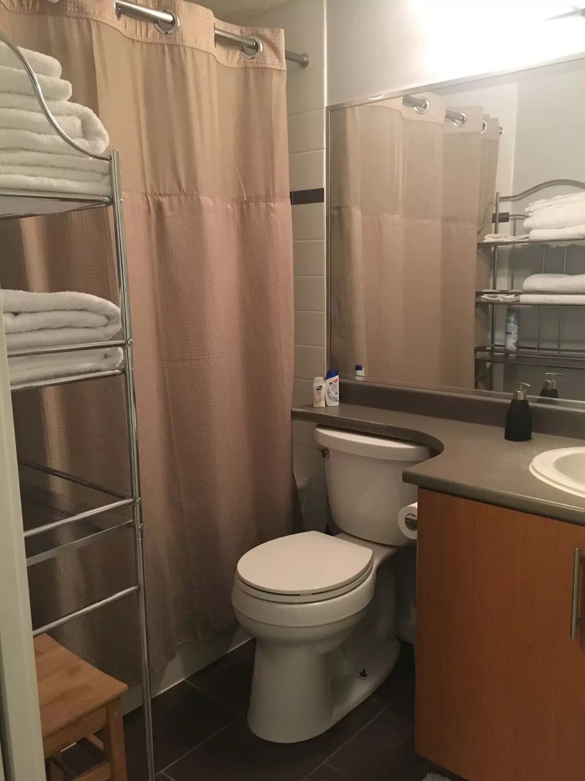 Combined shower/bathtub, hair dryer, towels, soap