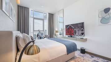 1 bedroom, desk, iron/ironing board, travel cot