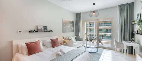 1 bedroom, desk, iron/ironing board, travel crib