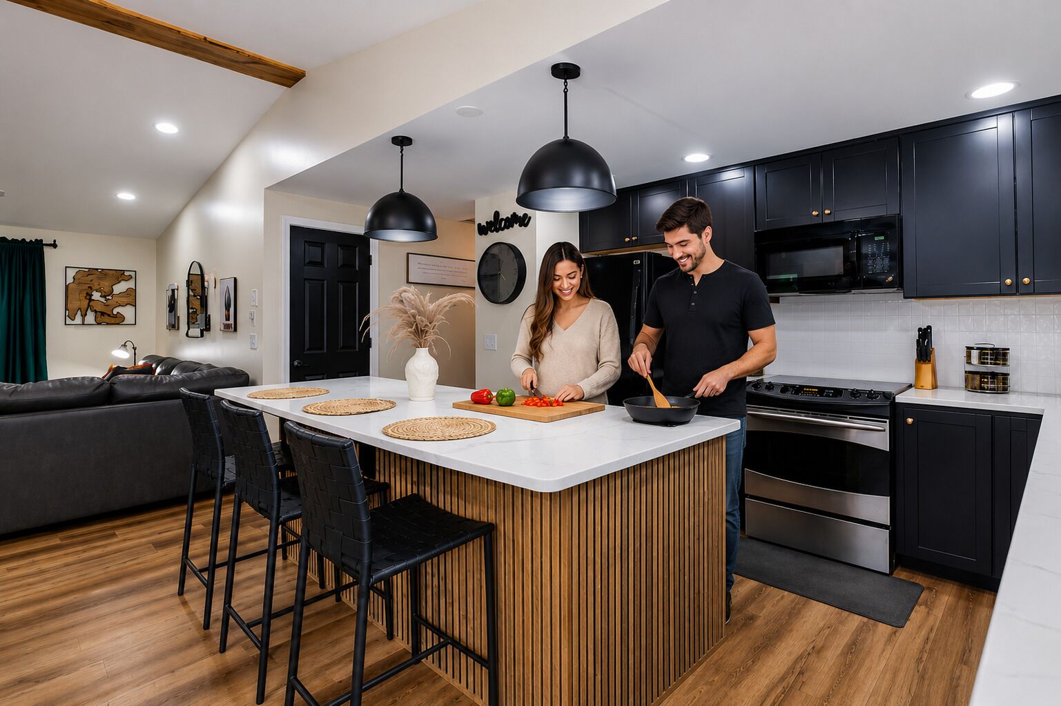 A modern kitchen with a central island, black cabinets, and stainless steel appliances.