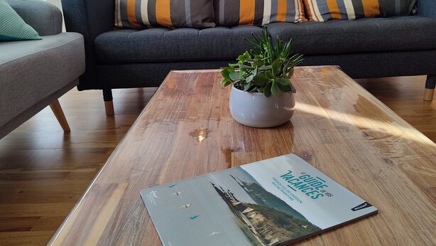 A living room with a grey sofa, striped cushions, a wooden coffee table, and a potted plant. - House 6 pers beach 3km town center 5mn walk (Crozon)