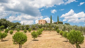 Un bâtiment entouré d’un paysage aride, avec quelques arbres clairsemés et un ciel dégagé.