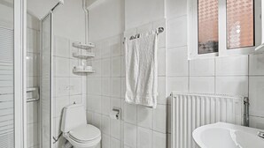 Un baño con inodoro, bidé, toallero y radiador.