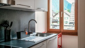 Une cuisine moderne dotée d’un évier en acier inoxydable, d’un four encastré et d’une fenêtre offrant une vue sur une montagne et des maisons.