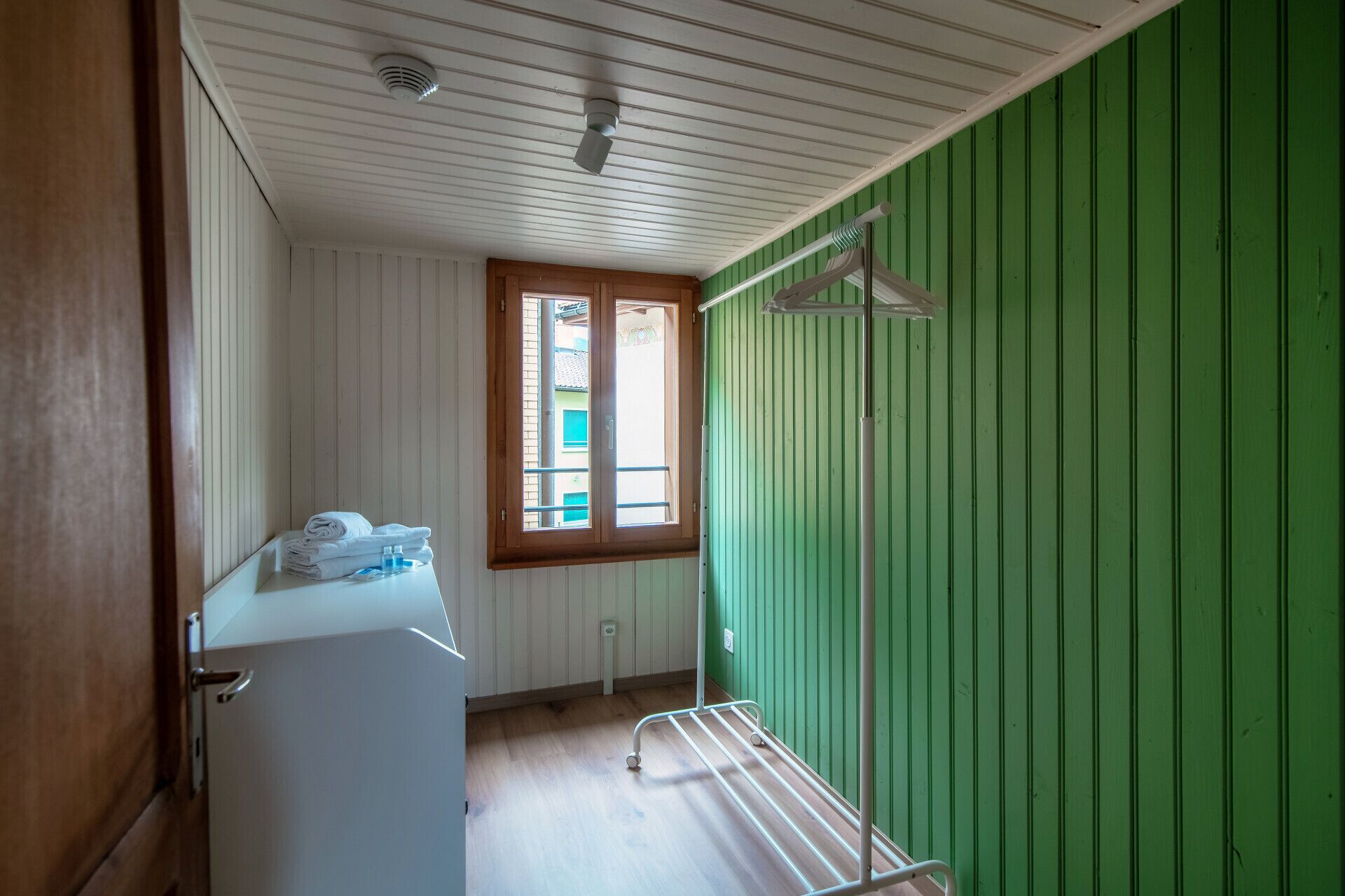 A room with a wooden door, a window with a green frame, a white radiator, and a green wall.