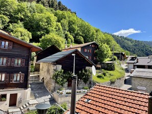 A traditional wooden building with a sloped roof, surrounded by lush greenery and a mountainous backdrop. - Family apartment in the village of Osco (TREMORGIO) (Osco)