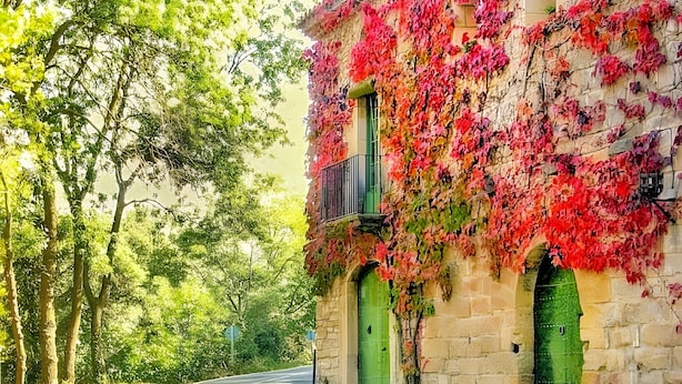 Un edificio de piedra con puertas verdes y un balcón, rodeado de árboles y una carretera curva.