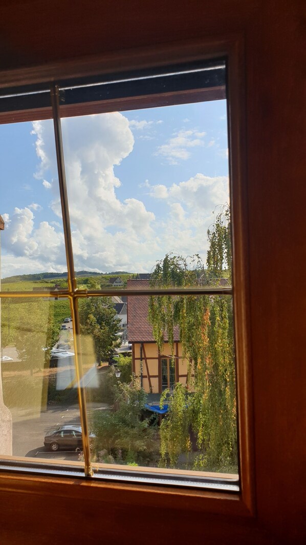 Una ventana con vista a un edificio de techo con tejas y un árbol en primer plano.